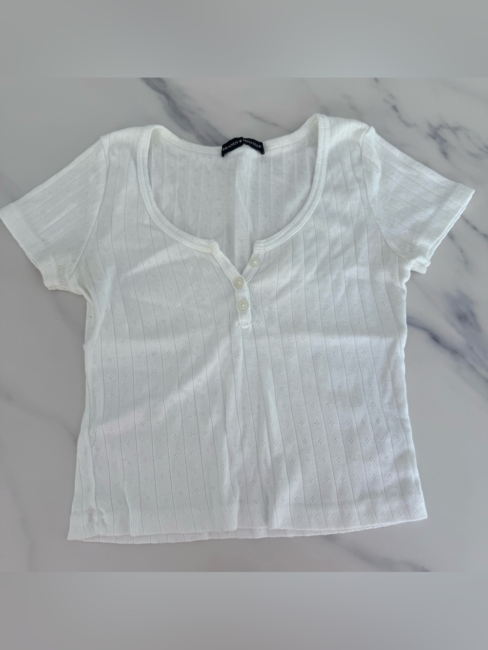 Brandy Melville White Short Sleeve Henley Scoop Neck Top